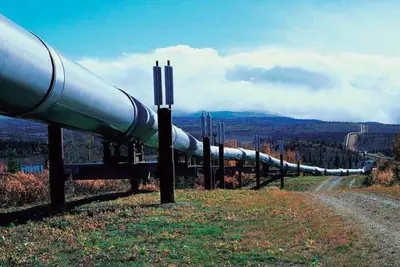 Pipeline aérien sur supports, traversant une vallée boisée.
